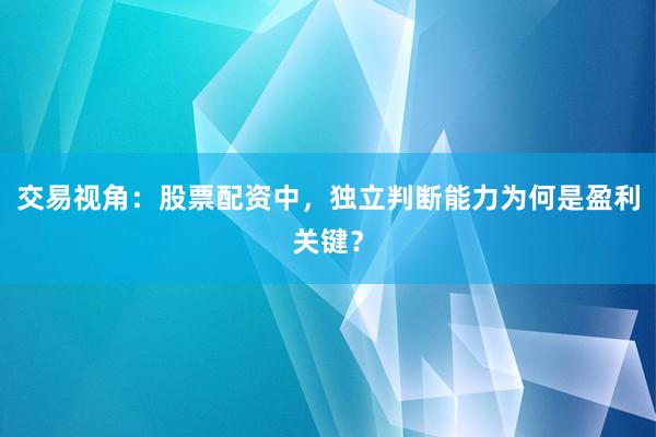 交易视角：股票配资中，独立判断能力为何是盈利关键？
